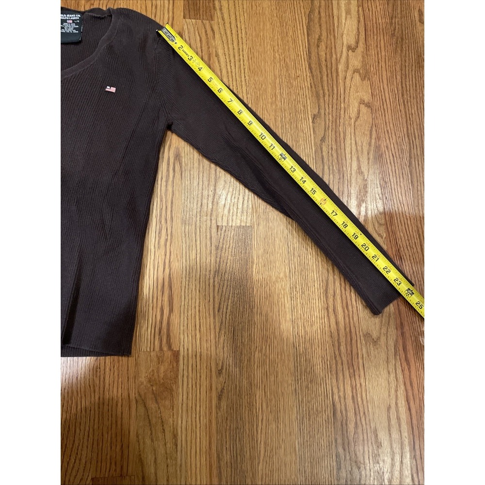 Polo‎ Jeans Co Ralph Lauren Women Sweater L Brown Ribbed V-Neck Flag Long Sleeve - Picture 8 of 8